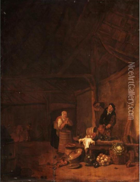Kitchen Interior With Peasants Oil Painting - Egbert van der Poel