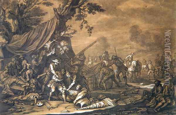 Military Surgeon of the Battlefield during the Spanish War of Succession, 1707, engraved by Christian Rugendas 1708-81 c.1740 Oil Painting - Rugendas, Georg Philipp I