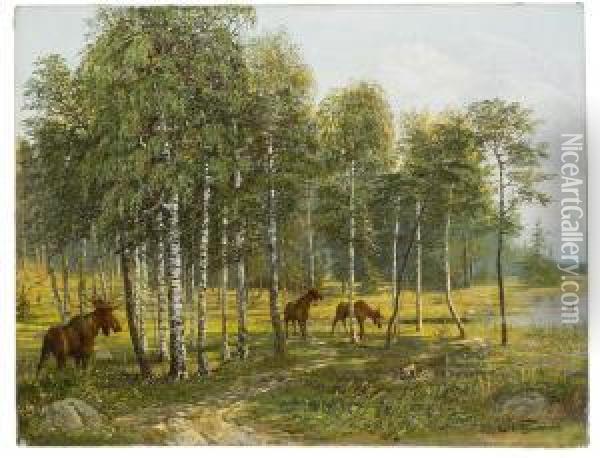 Elks In The Forest Oil Painting - Efim Tikhmenev