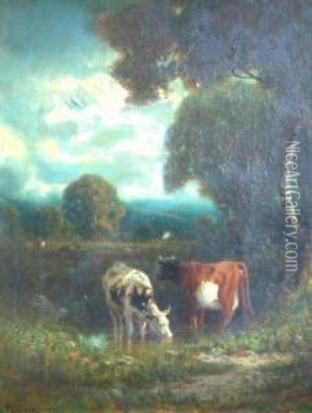 Cattle In A Water Meadow With Woodland Oil Painting - James Fairman