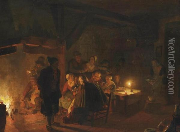 A Family Eating By Candlelight In An Interior Oil Painting - Jan Hendrick van Grootvelt