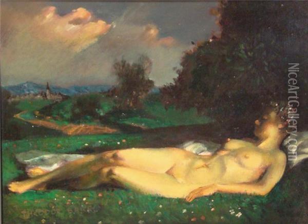 Schlafender Weiblicher Akt Auf Einer Wiese, Im Hintergrund Dorfsilhouette Oil Painting - Theodor Baierl