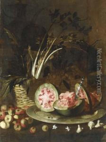 Celery In A Basket, A Sliced Watermelon On A Silver Plate, With Apples All On A Ledge Oil Painting - Giovanni Battista Ruoppolo