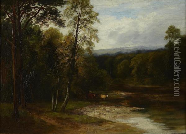 Cattle In A Wooded River Landscape Oil Painting - William Beattie Brown