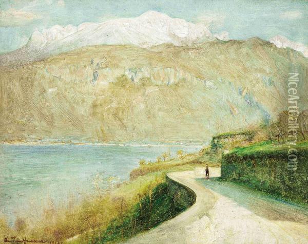 Figure Walking On The Shore, Lake Como, Italy Oil Painting - Arthur Hacker