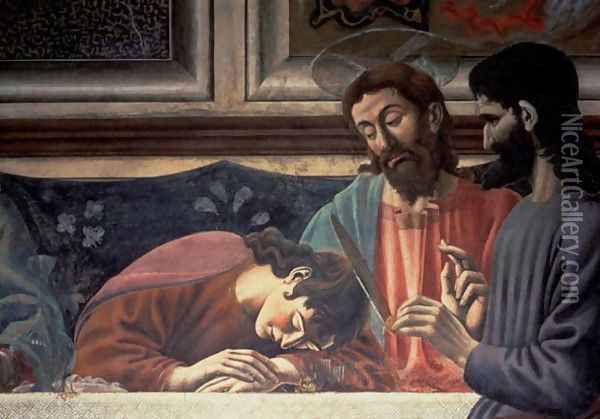 The Last Supper (detail of Judas, Christ and St. John) 1447 Oil Painting - Andrea Del Castagno