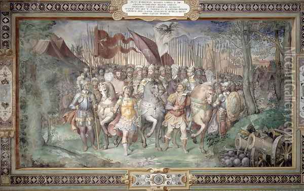 Charles V (1500-58) Alessandro (1546-92) and Ottaviano Farnese Leading the Army Against the Landgrave Phillip of Hesse in 1546 from the Sala dei Fasti Farnese (Hall of the Splendors of the Farnese) 1557-66 Oil Painting - Taddeo Zuccaro