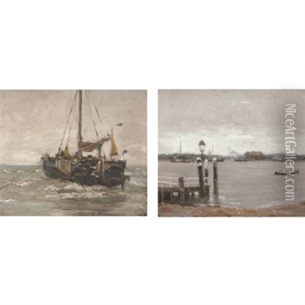 Unloading The Boat (+ Our Dock; Pair) Oil Painting - Henry Ward Ranger