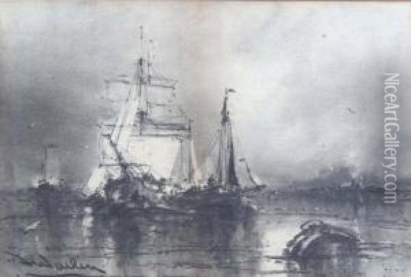 Both Showing Ships Engaged In Battle At Sea Oil Painting - Albert Ernest Markes