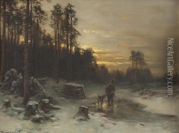 Jager Mit Hund In Winterlandschaft Oil Painting - Desire Tomassin