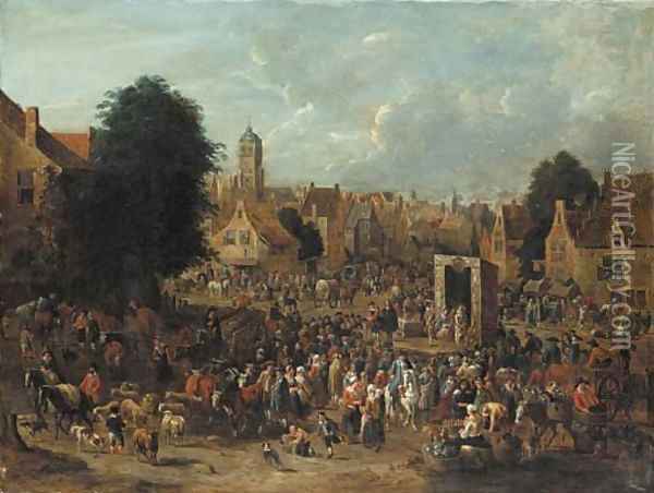 A town square with actors from the Commedia dell'Arte performing for villagers on market day Oil Painting - Pieter Bout
