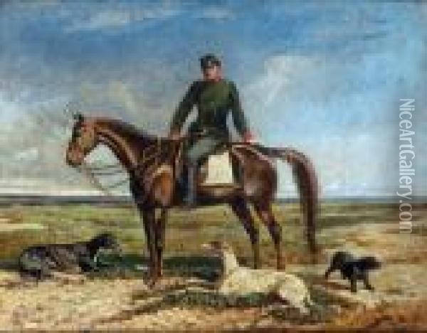 Ein Berittener Offizier Mit Seinen Hunden In Derungarischen Puszta Oil Painting - Alexander Ritter Von Bensa