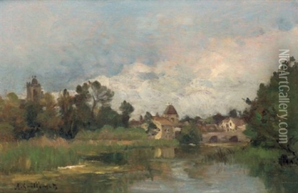 Fluslandschaft Mit Einem Dorf In Der Ferne Oil Painting - Jean Baptiste Antoine Guillemet