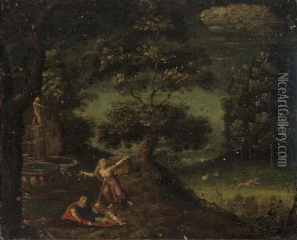 A Forest Landscape With Pyramus And Thisbe, The Lion Tearingthisbe's Cloak Beyond Oil Painting - Christoffel van den Berghe