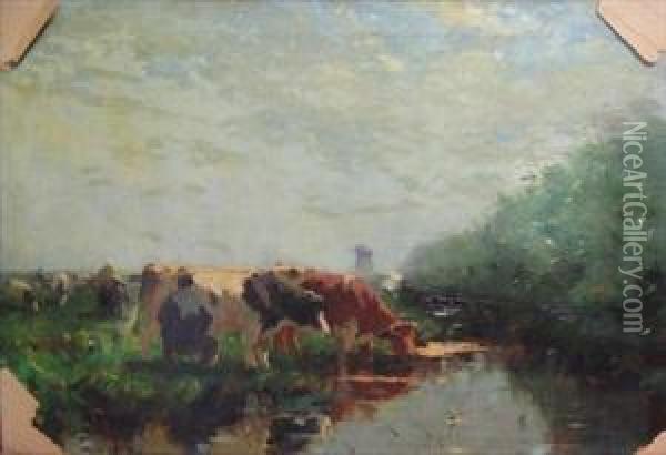 Cows Watering Oil Painting - William Castle Keith
