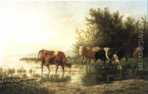 Kuhe Am Ufer Des Neuenburgersees Oil Painting - Charles (Jean-Ch. Ferdinand) Humbert