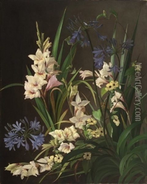 Voksende Gladiolus I Forskellige Farver, Bla Agapantus Og Gule Snerler Oil Painting - Carl Vilhelm Balsgaard