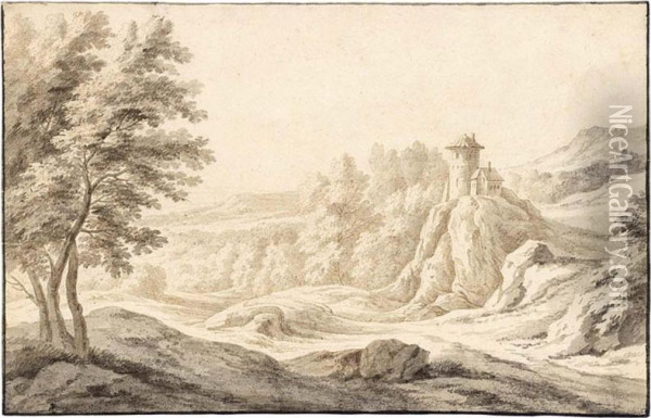 Italianate Landscape With With A Tower On A Hill Oil Painting - Albert Meijeringh