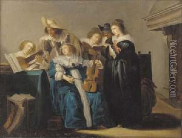 An Elegant Company Making Music In An Interior Oil Painting - Dirck Hals