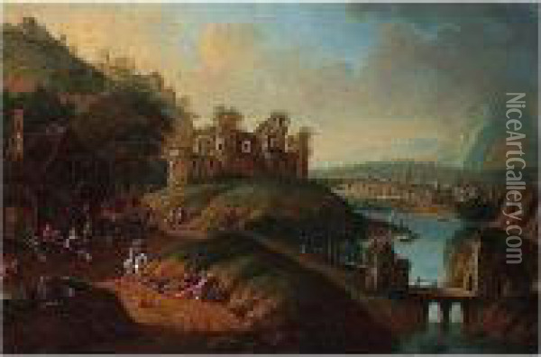 A River Landscape With Figures Outside An Inn Beneath A Ruined Castle, A Town Beyond Oil Painting - Dionys Verburgh