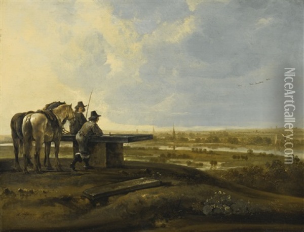 Panoramic Landscape With Travelers Standing At The 'koningstafel' On The Heimenberg, Near The City Of Rhenen Oil Painting - Aelbert Cuyp