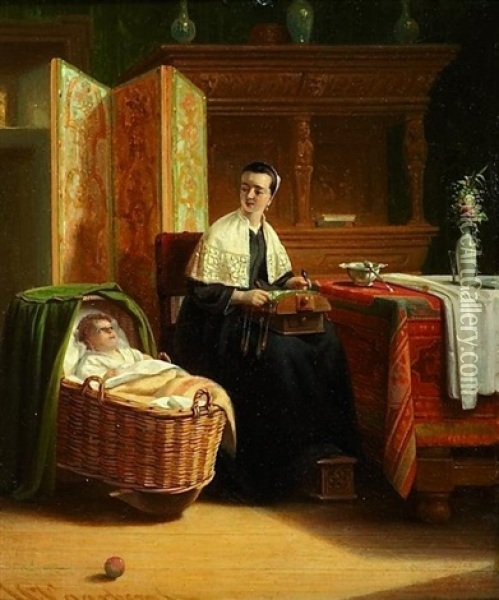 An Der Wiege. Junge Klopplerin In Der Stube, Ihren Nachwuchs Betrachtend Oil Painting - Johannes Christoffel Vaarberg
