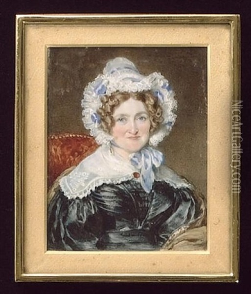 Mrs Filmer, Seated In A Red Upholstered Chair, Wearing Black Dress With White Lace Collar Held With A Red Brooch And White Bonnet Trimmed With Lace And Pale Blue Ribbons Oil Painting - Sir William Charles Ross