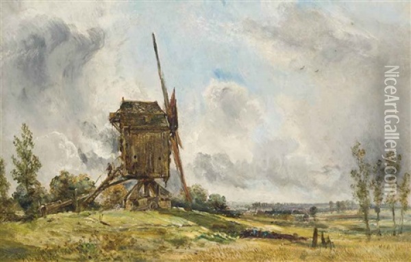 A Windmill In An Extensive Landscape (+ An Aquaduct In An Extensive Landscape; 2 Works) Oil Painting - William Joseph J. C. Bond