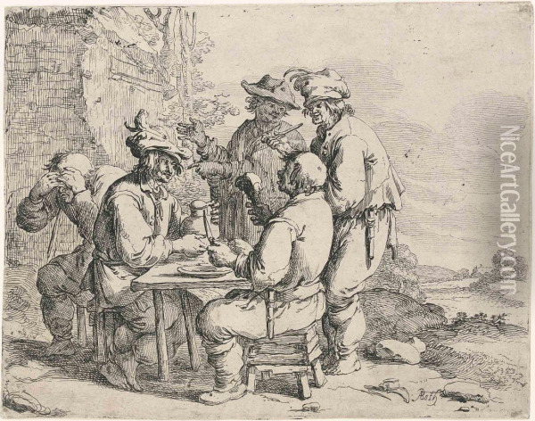 Three Peasants At The Table, With A Harlot Oil Painting - Andries Dirksz. Both