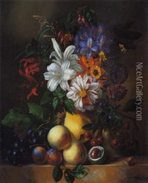 Stilleben Mit Spatsommerlichem Blumenbouquet Und Fruchten Oil Painting - Anna Maria Van Veeren