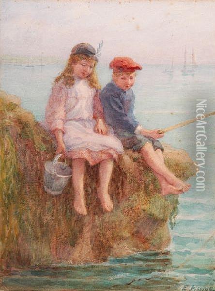Children Fishing Off A Rock Oil Painting - Edith Hume