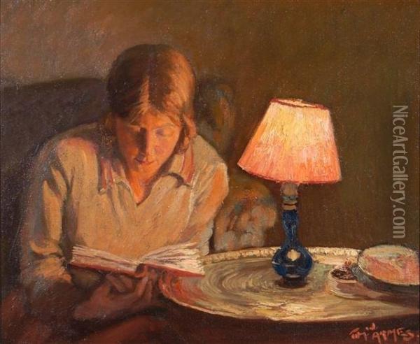 Young Girl Seated In A Chair Reading By Table Lamp Oil Painting - Thomas W., Tom Armes