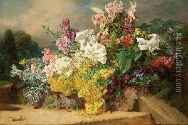 Still Life Of Flowers And Grapes On A Ledge Oil Painting - Martha Darley Mutrie