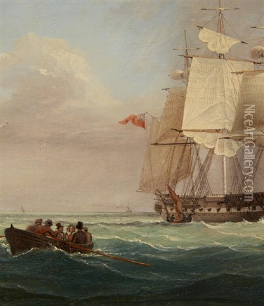 A Rowing Boat Leaving A Frigate Oil Painting - William Frederick Settle