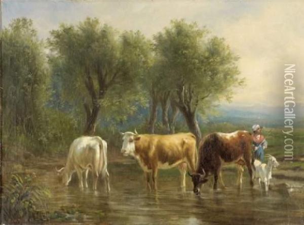 Vaches A L'abreuvoir Oil Painting - Karl Cartier
