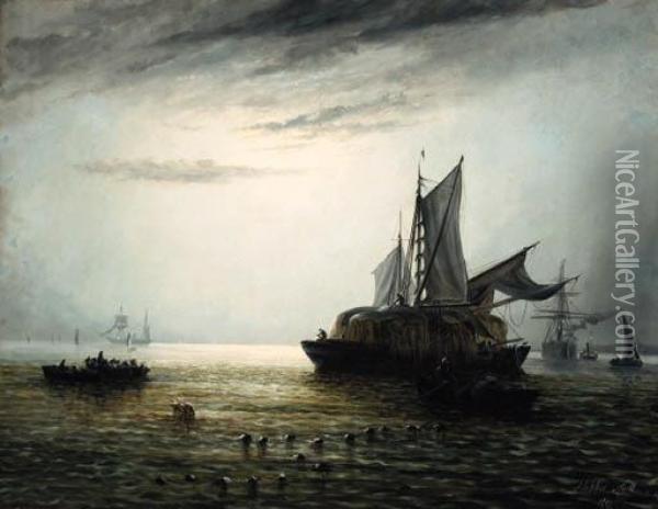 Shipping On A River Estuary By Moonlight Oil Painting - Adolphus Knell