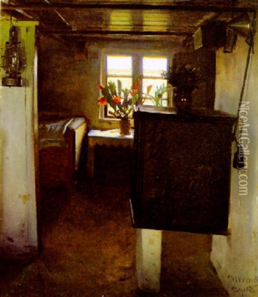A Sunlit Interior Oil Painting - Valdemar Kornerup