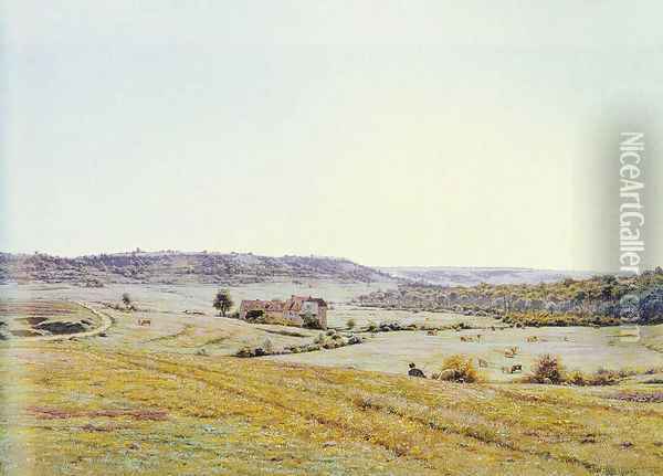 A Young Shepherd In An Extensive Landscape Oil Painting - Jean Ferdinand Monchablon