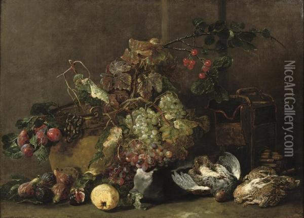 Mixed Grapes, Cherries And Plums
 By A Cauldron With Figs, An Apple,a Partridge And Four Quails Nearby Oil Painting - Jan Fyt