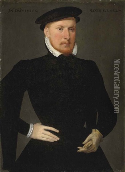Portrait Of A Man In An Embroidered Black Doublet With A Ruff, And Black Hat, Holding A Pair Of Gloves In His Left Hand Oil Painting - Frans Pourbus the Elder