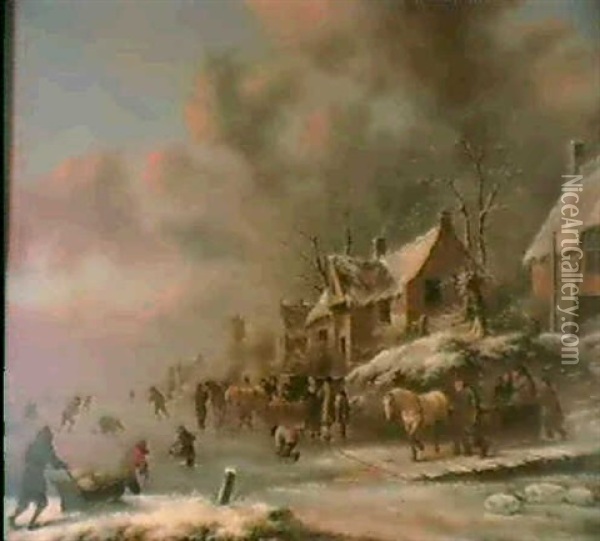 A Winter Landscape With Numerous Skater And Horse-drawn     Sleds On A Frozen River A Village Beyond Oil Painting - Nicolaes Molenaer