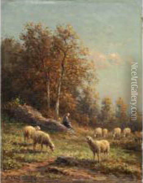 < Bergere Etmoutons Au Oil Painting - Jean-Ferdinand Chaigneau