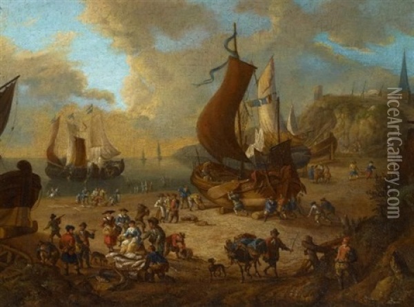Fischverkauf Am Strand Von Scheveningen Oil Painting - Pieter Bout