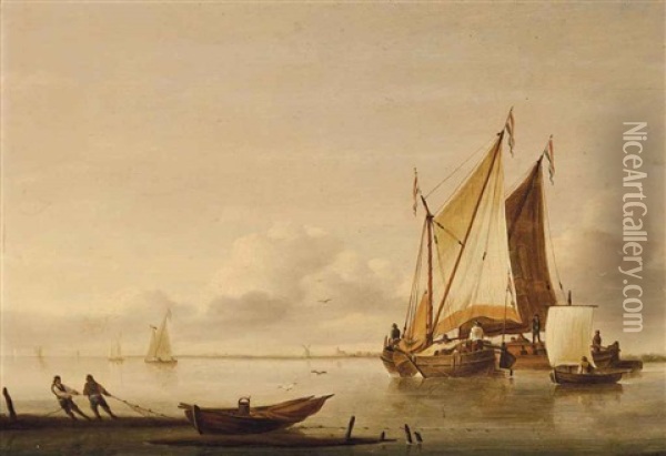 Shipping In Calm Waters With Fishermen Pulling In A Boat Oil Painting - Jan van Os