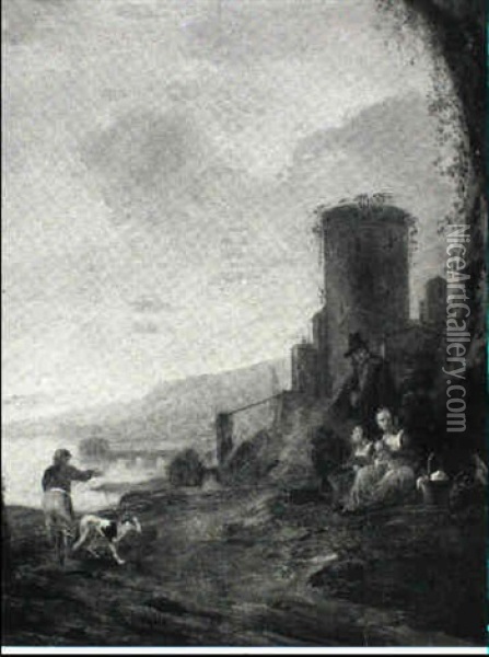 Italianate Landscape With Peasant Travellers Resting By A   Road, A Tower And Other Buildings By A River In The Distance Oil Painting - Hendrick Mommers