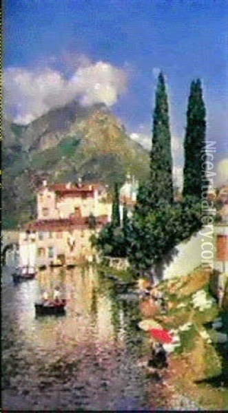 Lavandieres Au Bord D'un Lac Italien Oil Painting - Rubens Santoro