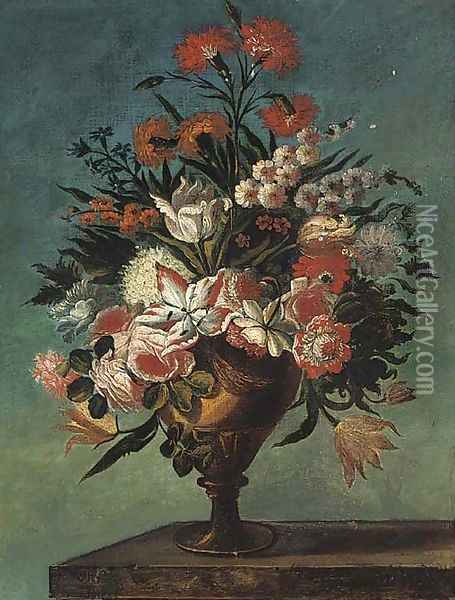 Carnations, roses, tulips, bluebells and other flowers in an urn on a ledge Oil Painting - Bartholome Perez