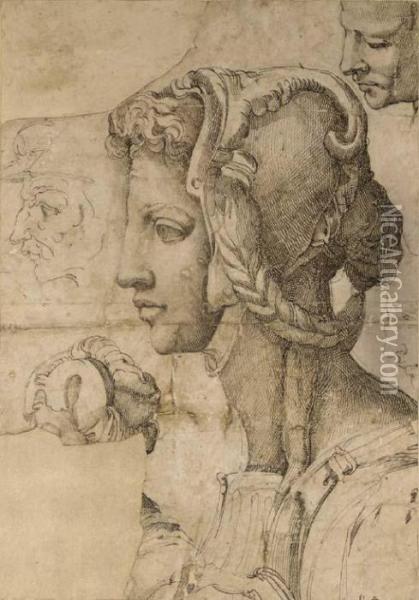 An Ideal Female Head In Profile To The Left, After Michelangelo, With Other Head Studies Oil Painting - Battista Franco