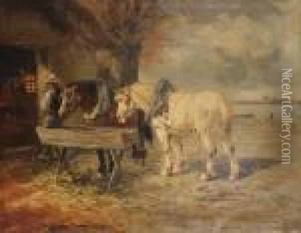 Paarden Bij De Stal Oil Painting - Henry Schouten