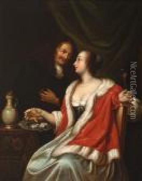 The Oyster Eater And Her Lover Oil Painting - Johannes Cornelis Mertz